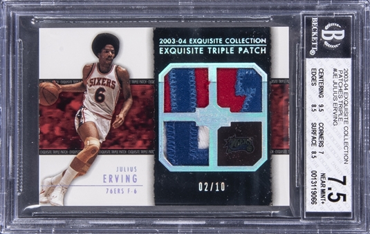 2003-04 UD "Exquisite Collection" Patches Triple #JE Julius Erving Game Used Patch Card (#02/10) – BGS NM+ 7.5